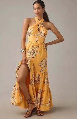Anthropologie Hutch Ruffled Halter Flowy Maxi Dress Yellow Size 0